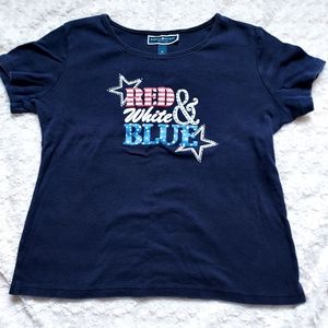 Karen Scott Navy Blue Patriotic "Red White & Blue" Top Petite Large 4th Of July
